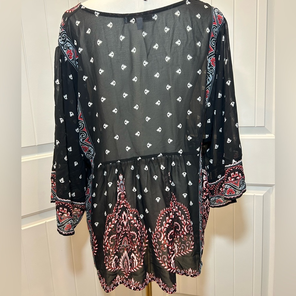 Fever Boho Top Wide Width Sleeves Colorful Simple Pattern V-Neck Ties Size XL - Picture 6 of 12